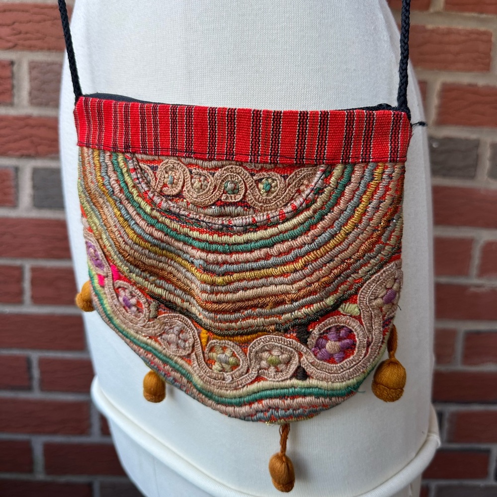 Handcrafted Multi-color Ethnic Cross Body Purse on Rope - 8” x 7” - Top Zipper